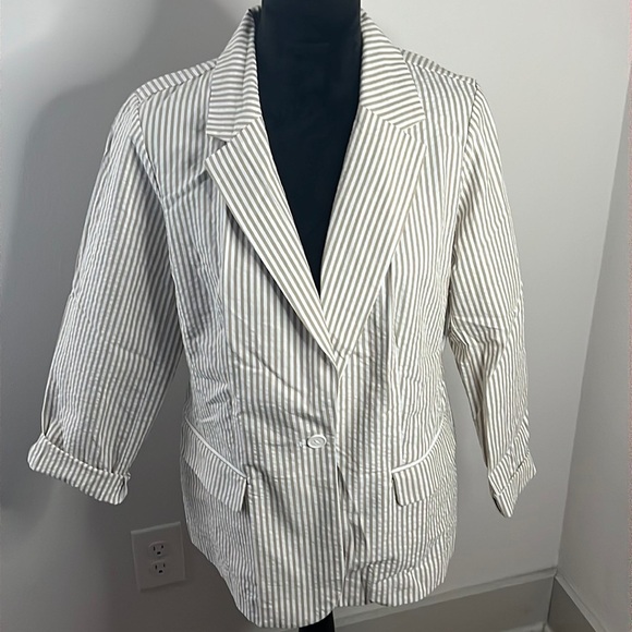 Joan Rivers 100% Cotton khaki white stripes summer blazer light sport jacket 10 - Picture 1 of 12